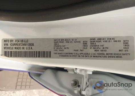 2022 Ram 1500 Big Horn 4X2 6'4 Box z USA, uszkodzony, nr VIN 1C6RREBT2NN113936